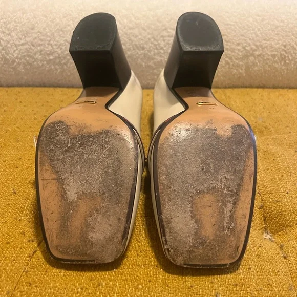 Gucci Women’s Cream Leather Block 3 in Heel Loafers with Gold GG Logo - Picture 4 of 5